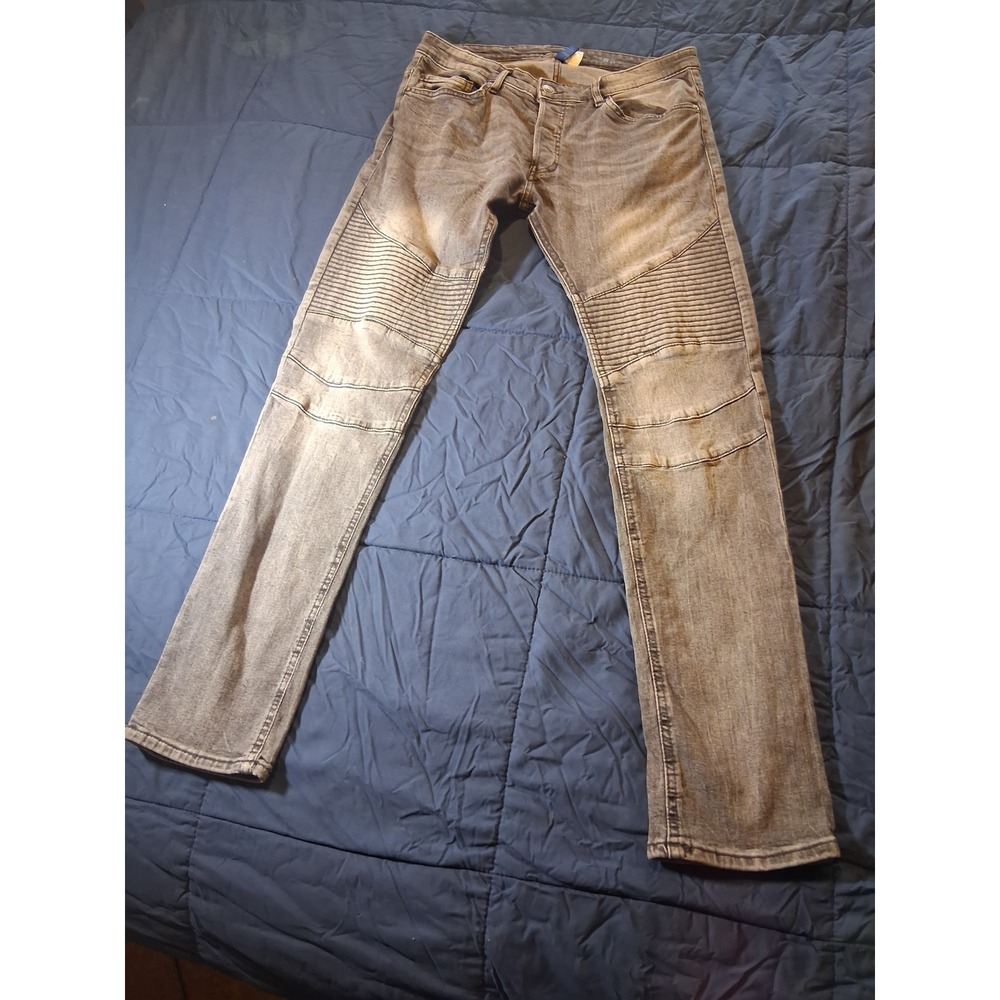 H&M Divided Mens‎ Moto Biker Jeans Gray Faded Slim Fit Ribbed Knee 34x31
